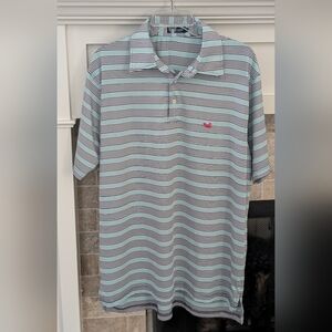 Southern Marsh Aquamarine and Navy Striped Polo with Red Emblem